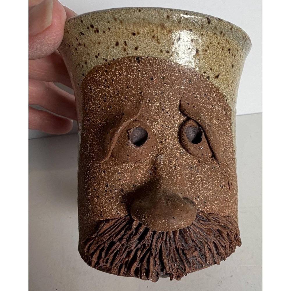 VTG Stoneware Mustache Man Drinking Mug Cup Ugly Funny Face Coffee PotterStamped